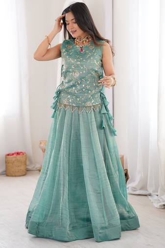Blue Silk Free Size Stitched Lehenga Choli with Embroidery & Pearl Work