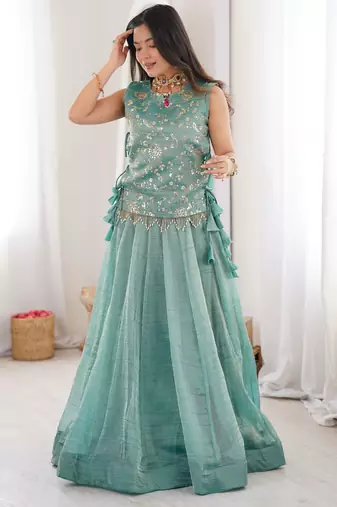 Blue Silk Free Size Stitched Lehenga Choli with Embroidery & Pearl Work