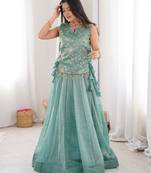 Blue Silk Free Size Stitched Lehenga Choli with Embroidery & Pearl Work