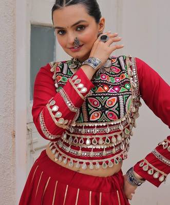 Red Silk Free Size Stitched Lehenga Choli with Embroidery & Mirror Work 2