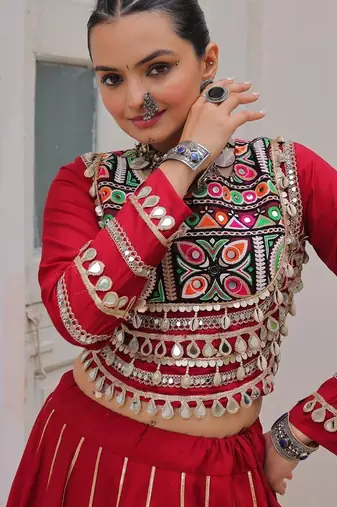 Red Silk Free Size Stitched Lehenga Choli with Embroidery & Mirror Work