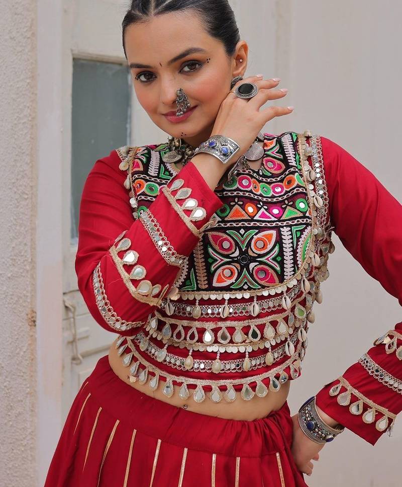Red Silk Free Size Stitched Lehenga Choli with Embroidery & Mirror Work