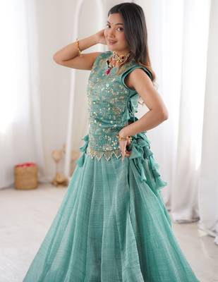 Blue Silk Free Size Stitched Lehenga Choli with Embroidery & Pearl Work 2