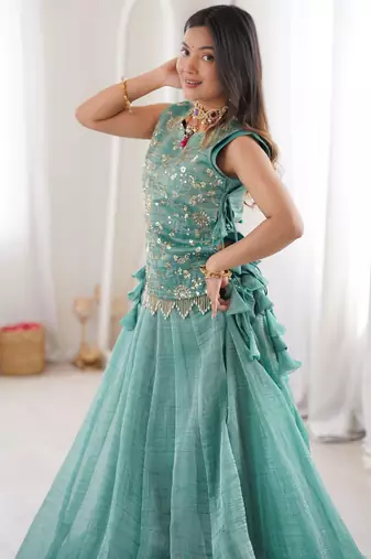 Blue Silk Free Size Stitched Lehenga Choli with Embroidery & Pearl Work