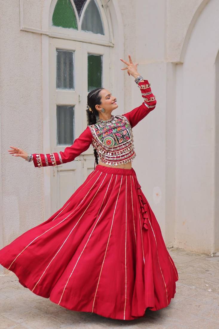 Red Silk Free Size Stitched Lehenga Choli with Embroidery & Mirror Work