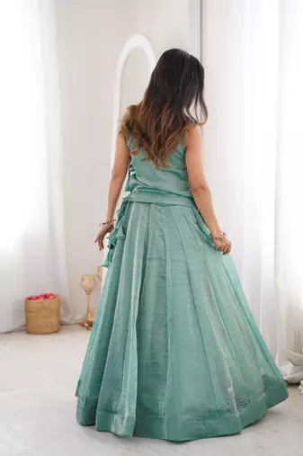 Blue Silk Free Size Stitched Lehenga Choli with Embroidery & Pearl Work