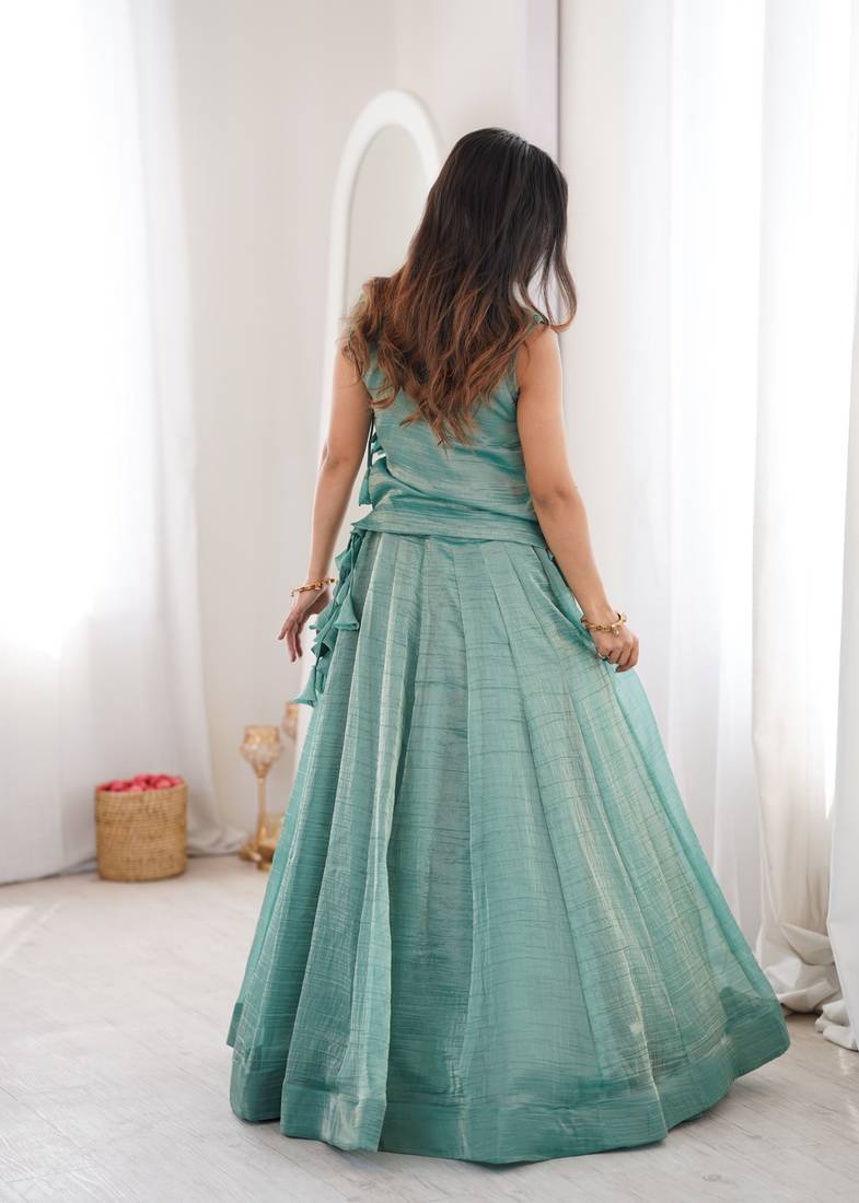 Blue Silk Free Size Stitched Lehenga Choli with Embroidery & Pearl Work