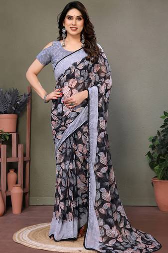 Black heavy chiffon lace border saree with blouse