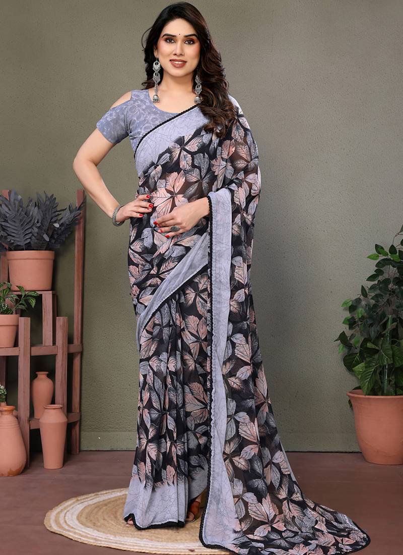 Black heavy chiffon lace border saree with blouse