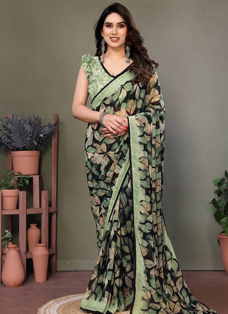Light green heavy chiffon lace border saree with blouse