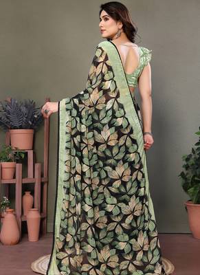 Light green heavy chiffon lace border saree with blouse 2