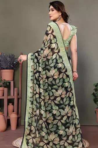Light green heavy chiffon lace border saree with blouse