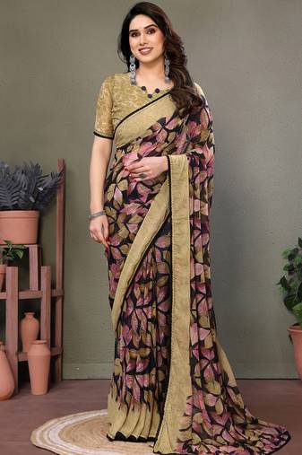 Beige heavy chiffon lace border saree with blouse