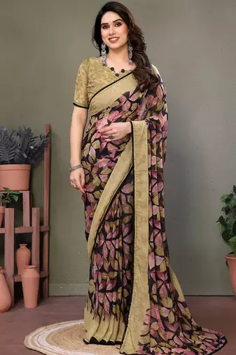 Beige heavy chiffon lace border saree with blouse