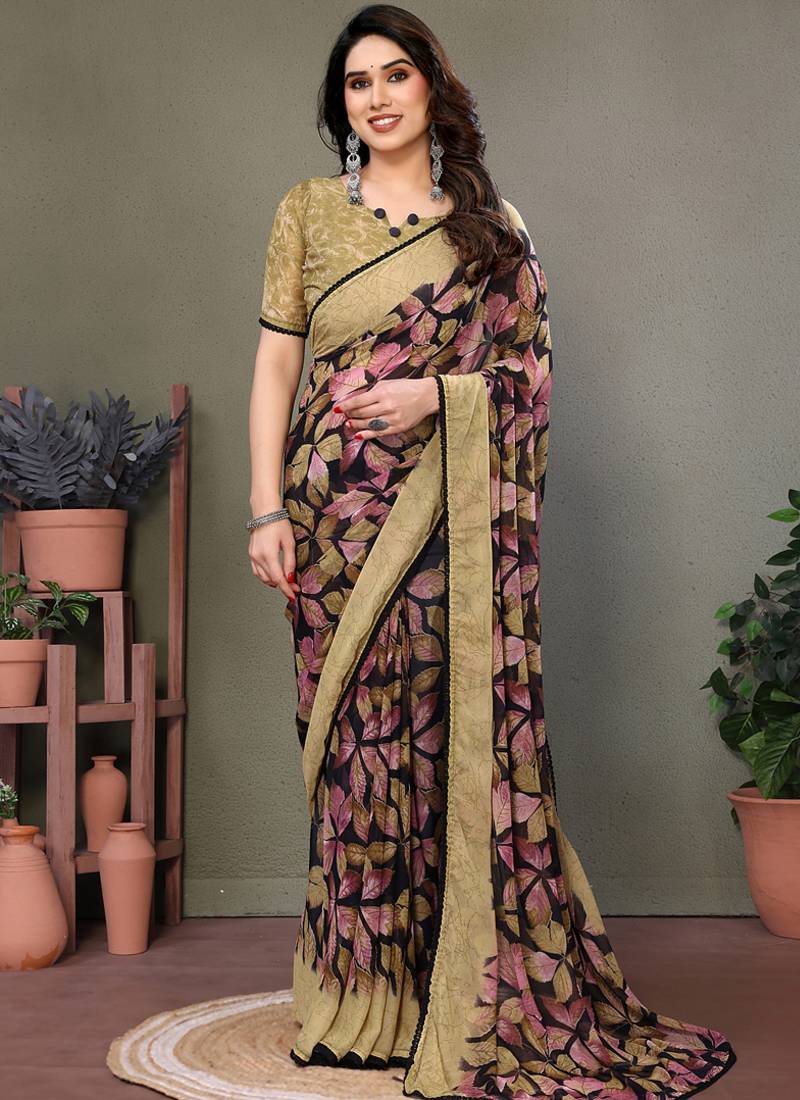 Beige heavy chiffon lace border saree with blouse
