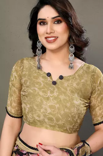 Beige heavy chiffon lace border saree with blouse