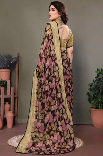 Beige heavy chiffon lace border saree with blouse