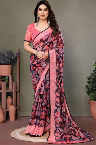 Light pink heavy chiffon lace border saree with blouse