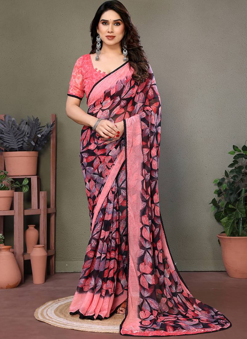Light pink heavy chiffon lace border saree with blouse