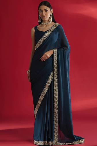 Blue rangoli silk blend saree with blouse