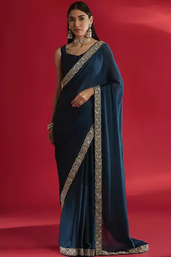 Blue rangoli silk blend saree with blouse
