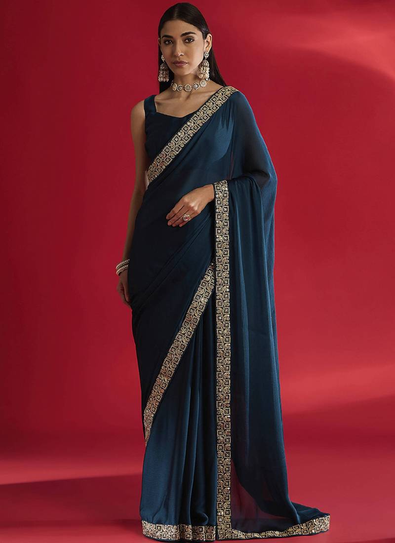 Blue rangoli silk blend saree with blouse