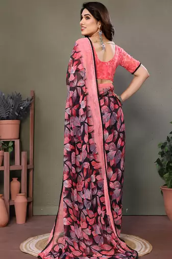 Light pink heavy chiffon lace border saree with blouse