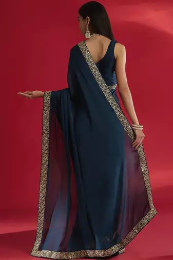 Blue rangoli silk blend saree with blouse