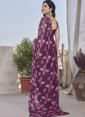Wine smooth chiffon saree with blouse 2