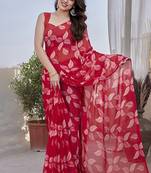 Red smooth chiffon saree with blouse