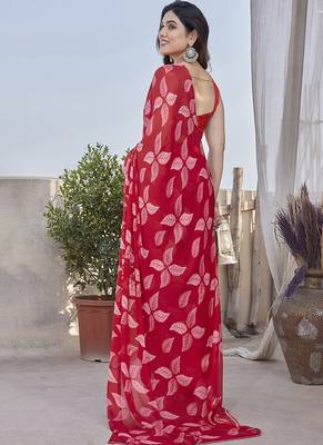 Red smooth chiffon saree with blouse 2