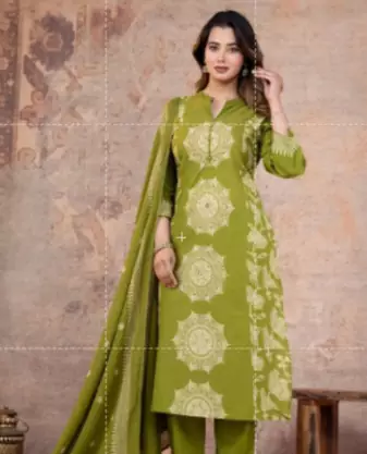 Cotton cambric printed straight kurti-pant-dupatta set