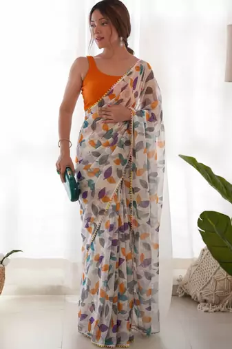 Orange heavy chiffon lace border saree with blouse