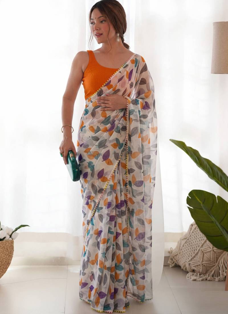 Orange heavy chiffon lace border saree with blouse