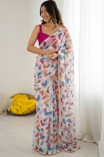 Pink heavy chiffon lace border saree with blouse