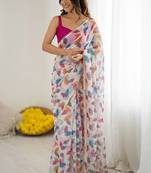 Pink heavy chiffon lace border saree with blouse