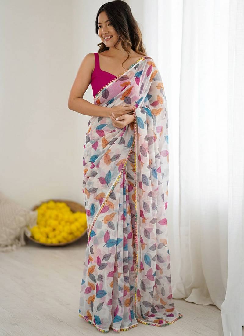 Pink heavy chiffon lace border saree with blouse