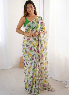Green heavy chiffon lace border saree with blouse 1