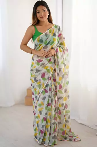 Green heavy chiffon lace border saree with blouse