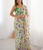 Green heavy chiffon lace border saree with blouse