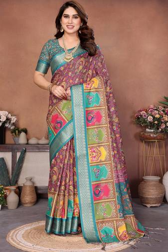 Cream cotton silk digital print saree with blouse