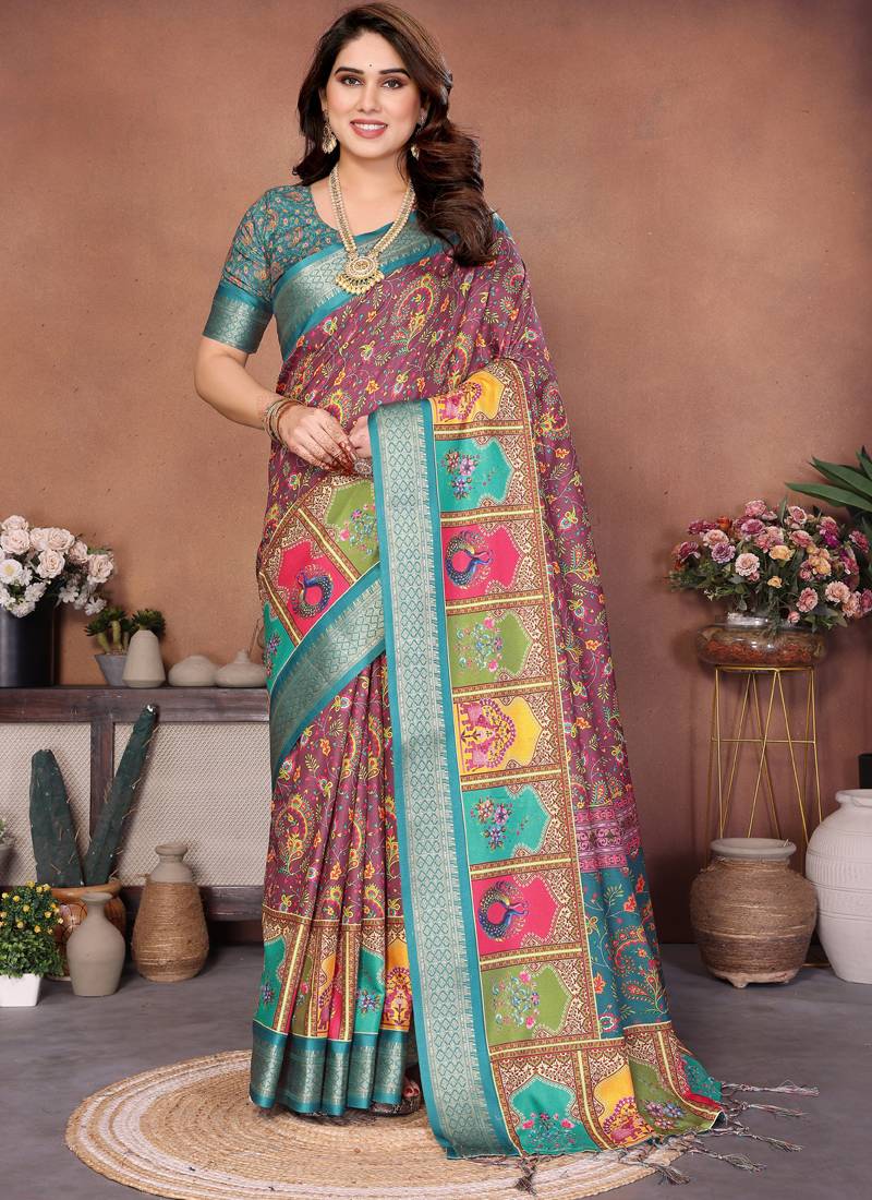 Cream cotton silk digital print saree with blouse