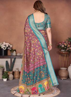 Cream cotton silk digital print saree with blouse 2