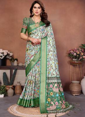 Light green cotton silk digital print saree with blouse 1