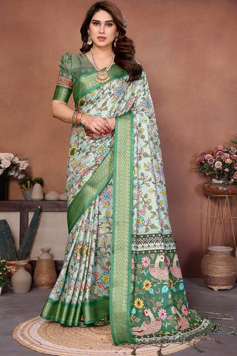 Light green cotton silk digital print saree with blouse