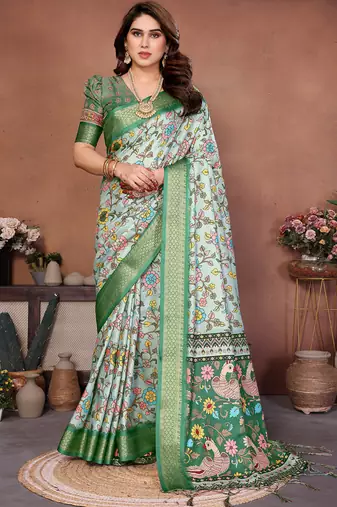 Light green cotton silk digital print saree with blouse