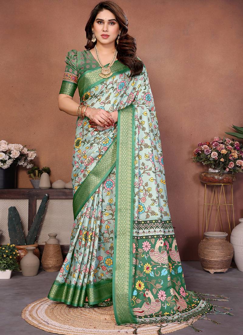 Light green cotton silk digital print saree with blouse