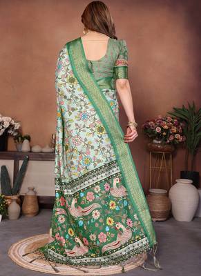Light green cotton silk digital print saree with blouse 2