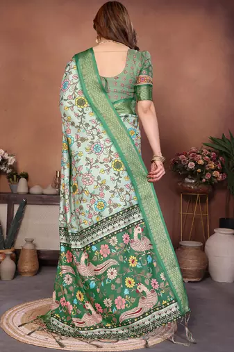 Light green cotton silk digital print saree with blouse