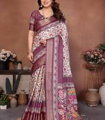 Cream cotton silk digital print saree with blouse